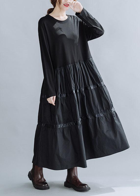 Women Black O-Neck Patchwork Cotton Dress Spring - Omychic