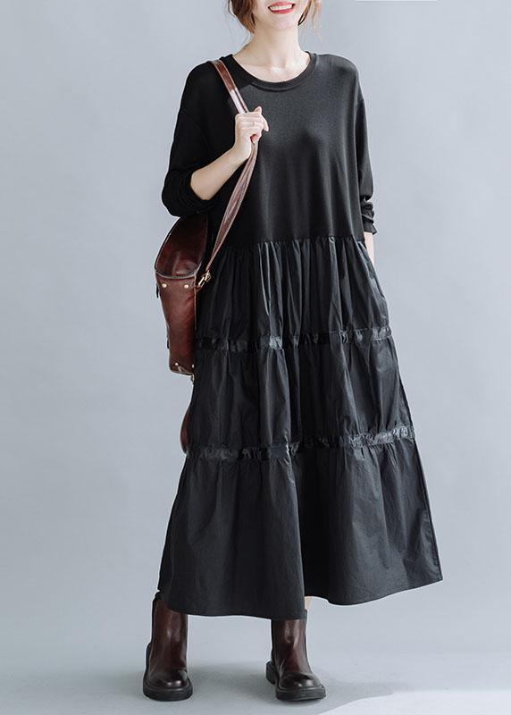 Women Black O-Neck Patchwork Cotton Dress Spring - Omychic