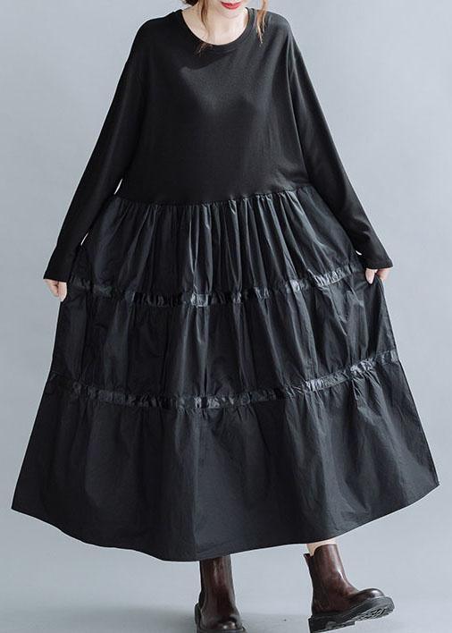 Women Black O-Neck Patchwork Cotton Dress Spring - Omychic