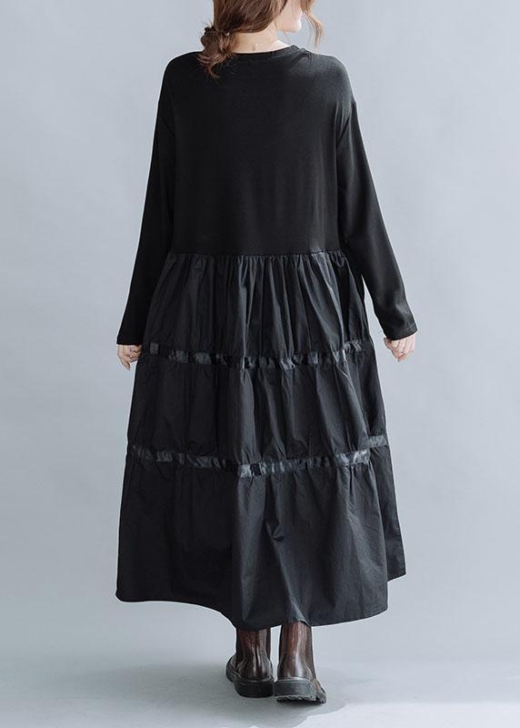 Women Black O-Neck Patchwork Cotton Dress Spring - Omychic
