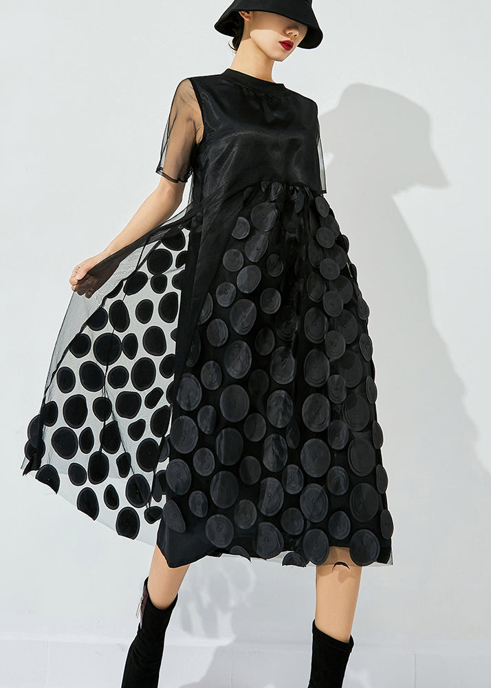 Women Black O-Neck Patchwork Dot Tulle Holiday Dress Summer - Omychic