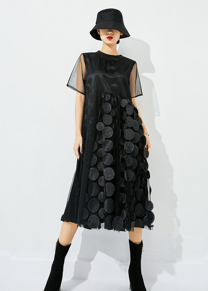 Women Black O-Neck Patchwork Dot Tulle Holiday Dress Summer - Omychic