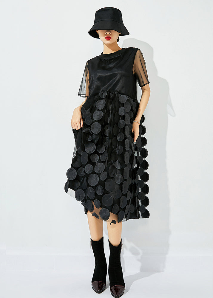 Women Black O-Neck Patchwork Dot Tulle Holiday Dress Summer - Omychic