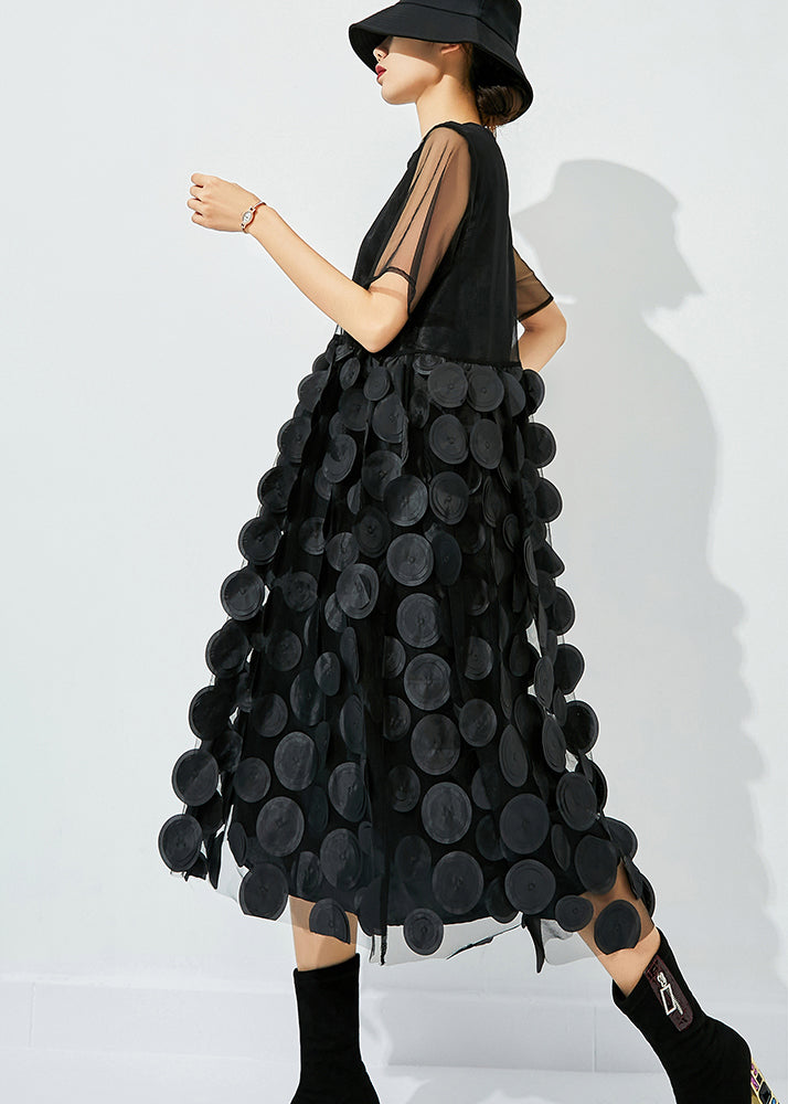 Women Black O-Neck Patchwork Dot Tulle Holiday Dress Summer - Omychic
