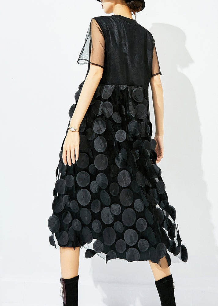 Women Black O-Neck Patchwork Dot Tulle Holiday Dress Summer - Omychic