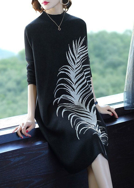 Women Black O-Neck Print Knit Long A Line Dress Winter