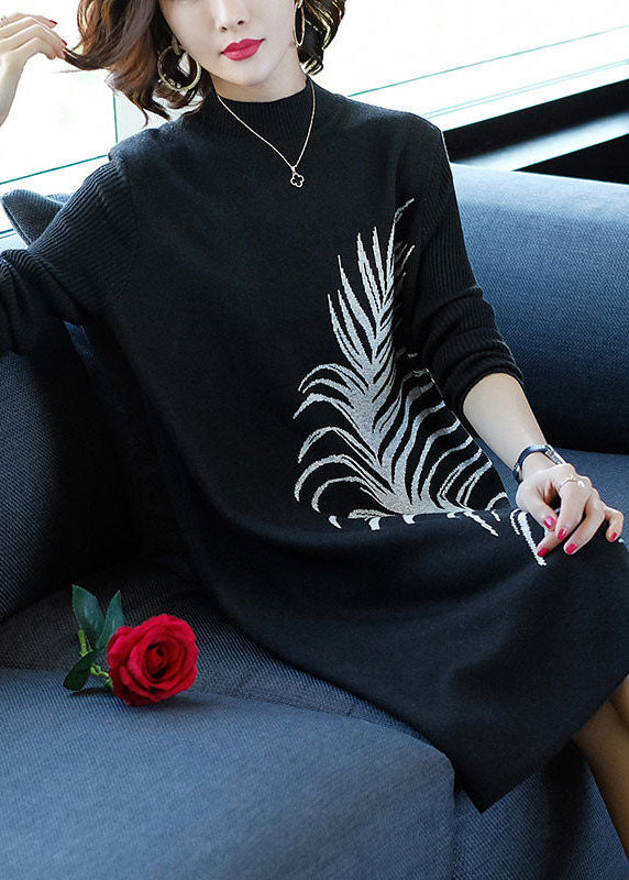 Women Black O-Neck Print Knit Long A Line Dress Winter