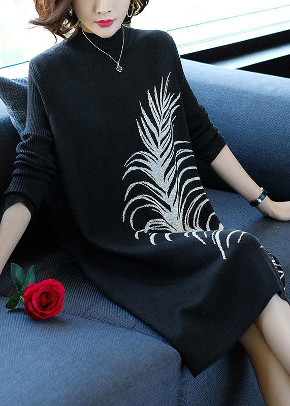 Women Black O-Neck Print Knit Long A Line Dress Winter