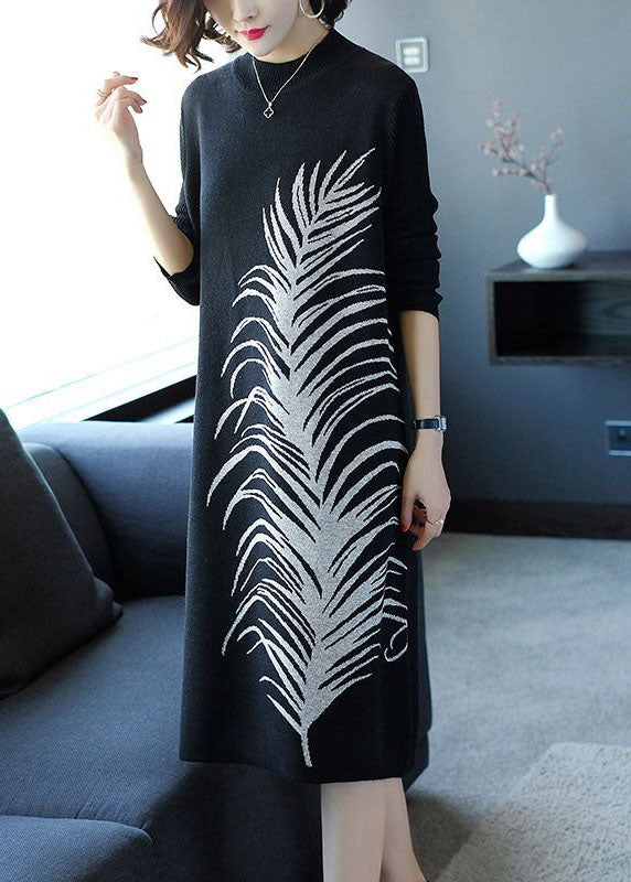 Women Black O-Neck Print Knit Long A Line Dress Winter