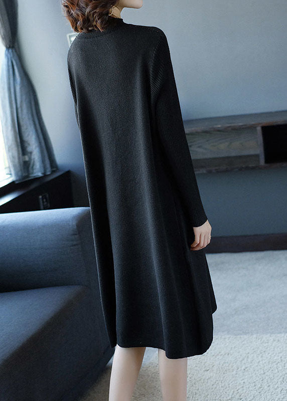 Women Black O-Neck Print Knit Long A Line Dress Winter