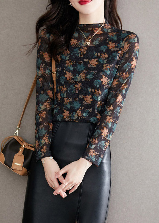 Women Black O-Neck Print Top Long Sleeve