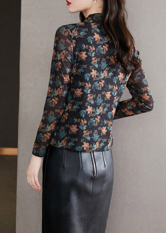 Women Black O-Neck Print Top Long Sleeve