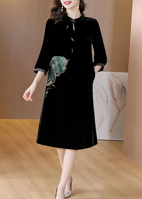 Women Black O-NeckPockets Button Silk Velour Long Dresses Bracelet Sleeve