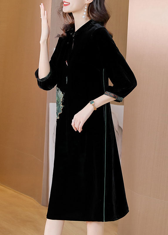 Women Black O-NeckPockets Button Silk Velour Long Dresses Bracelet Sleeve