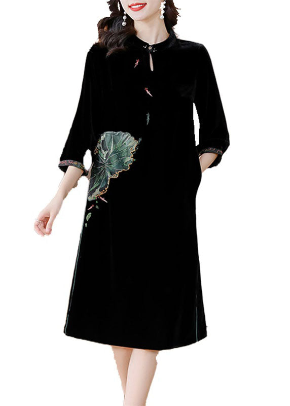 Women Black O-NeckPockets Button Silk Velour Long Dresses Bracelet Sleeve