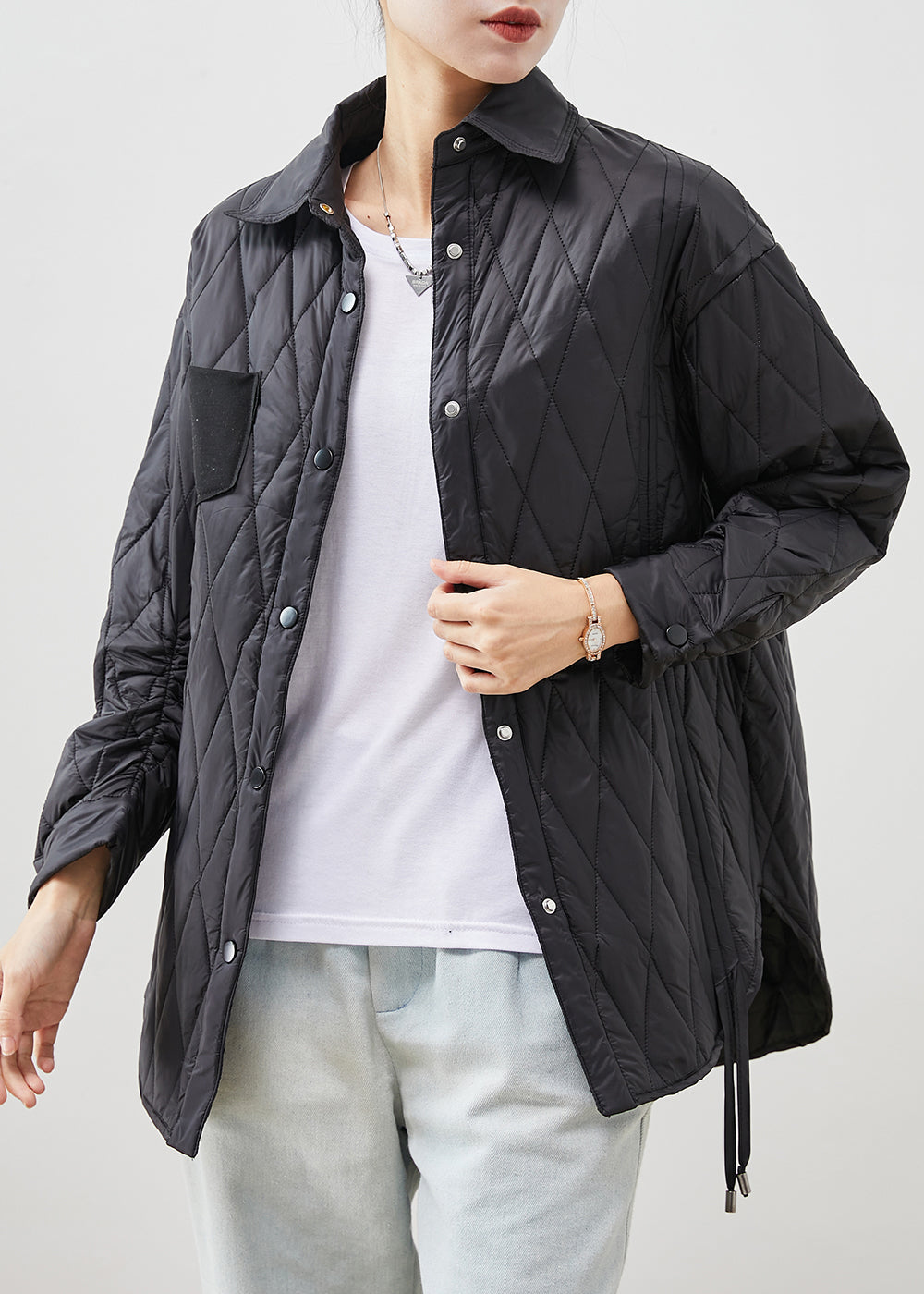 Women Black Oversized Drawstring Fine Cotton Filled Coat Outwear Winter - Omychic