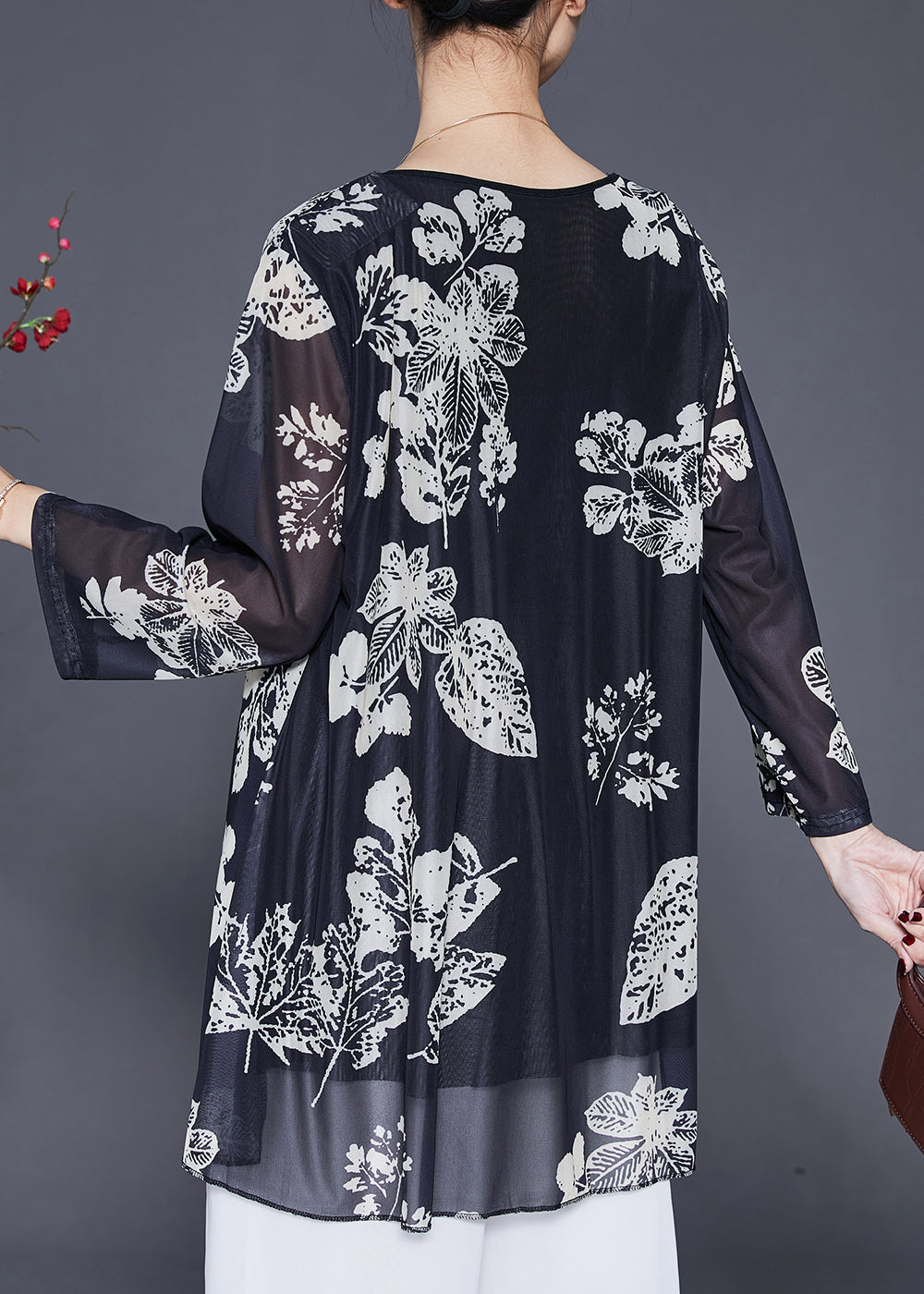 Women Black Oversized Print Silk Shirts Spring