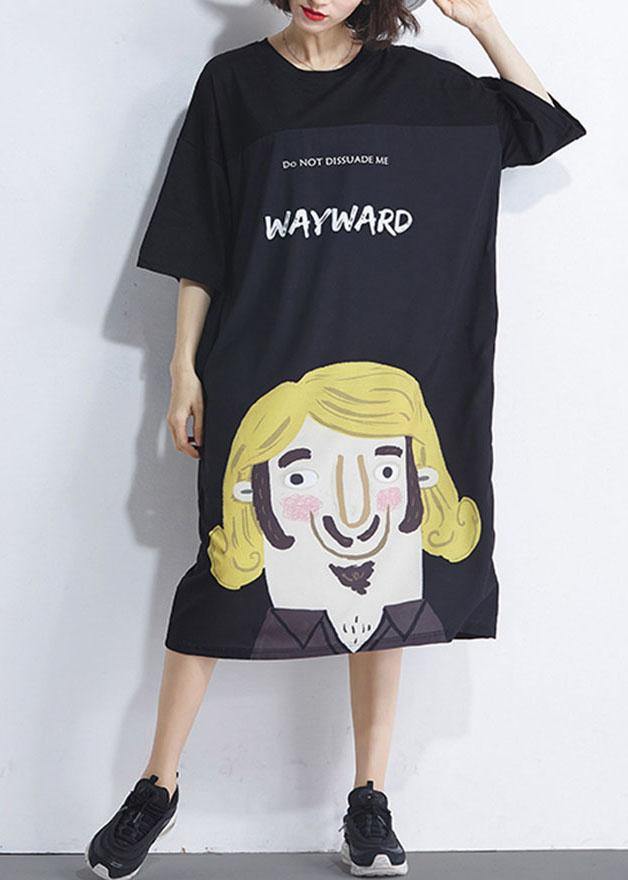 Women Black Patchwork Character Summer Maxi Dresses Half Sleeve - Omychic