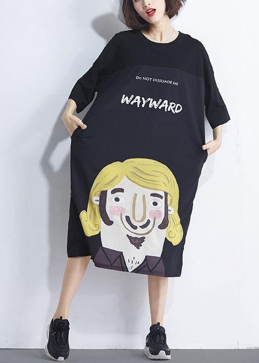 Women Black Patchwork Character Summer Maxi Dresses Half Sleeve - Omychic