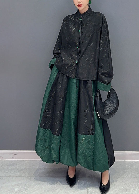 Women Black Patchwork Green Button Shirts And A Line Skirts Two Piece Set Fall - Omychic