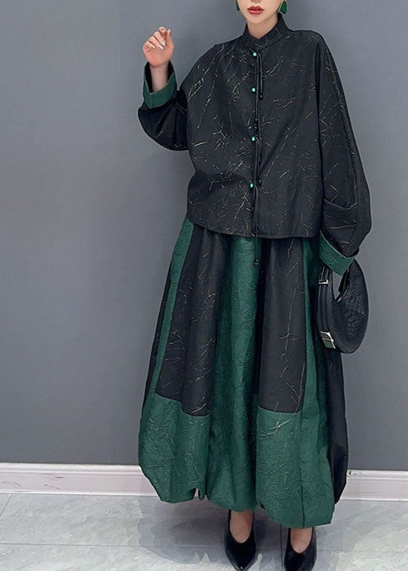 Women Black Patchwork Green Button Shirts And A Line Skirts Two Piece Set Fall