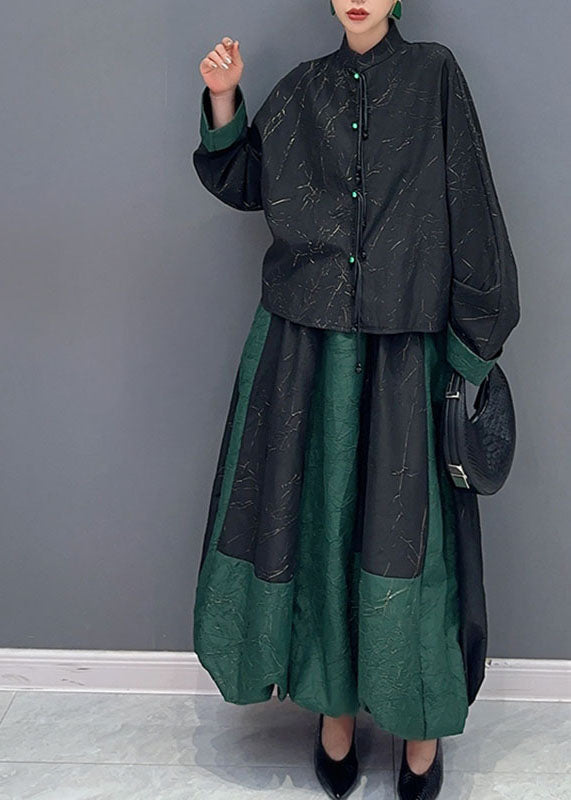 Women Black Patchwork Green Button Shirts And A Line Skirts Two Piece Set Fall - Omychic