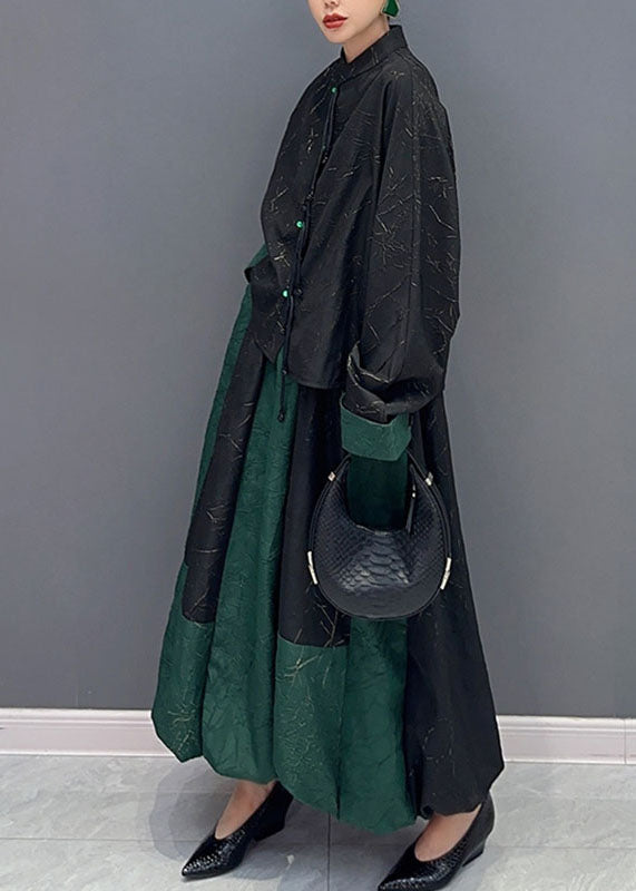 Women Black Patchwork Green Button Shirts And A Line Skirts Two Piece Set Fall - Omychic
