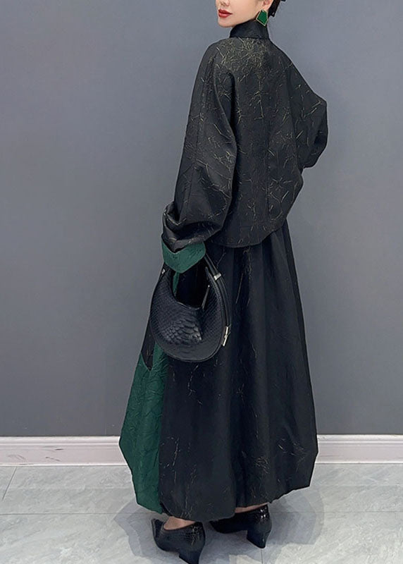 Women Black Patchwork Green Button Shirts And A Line Skirts Two Piece Set Fall - Omychic