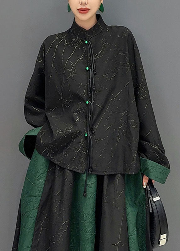 Women Black Patchwork Green Button Shirts And A Line Skirts Two Piece Set Fall