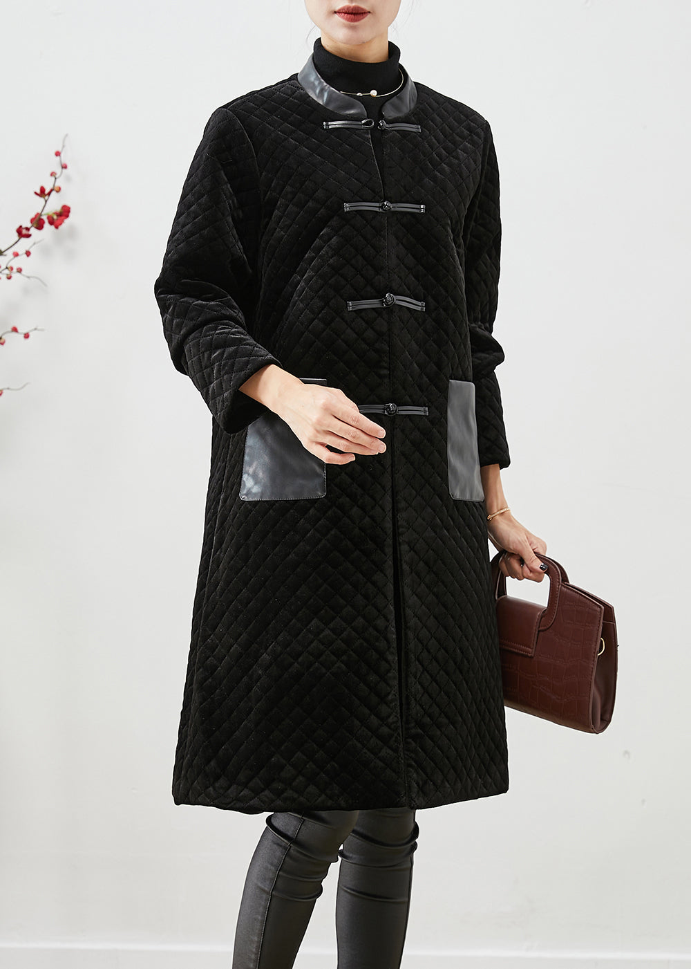 Women Black Patchwork Pockets Silk Velour Fine Cotton Filled Coats Winter