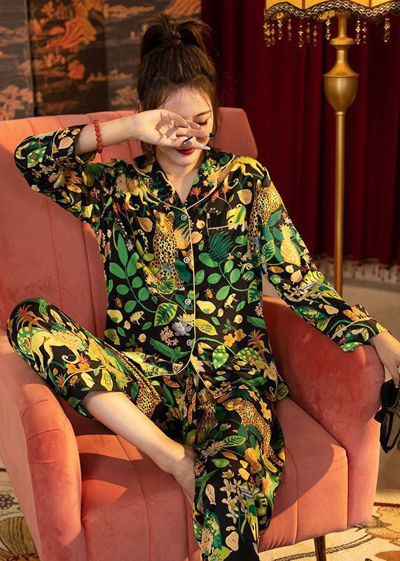 Women Black Peter Pan Collar Animal Print Ice Silk Pajamas Two Piece Set Spring