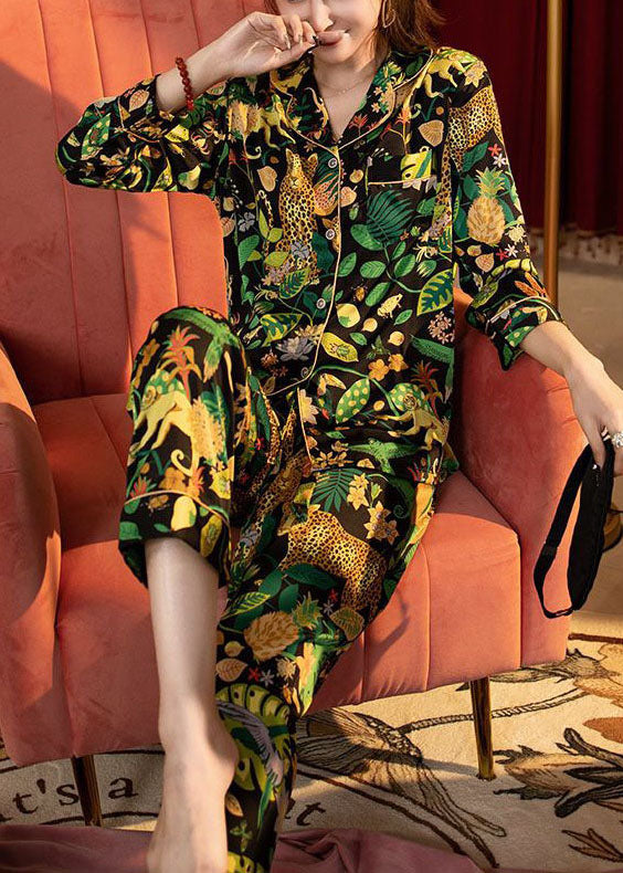 Women Black Peter Pan Collar Animal Print Ice Silk Pajamas Two Piece Set Spring