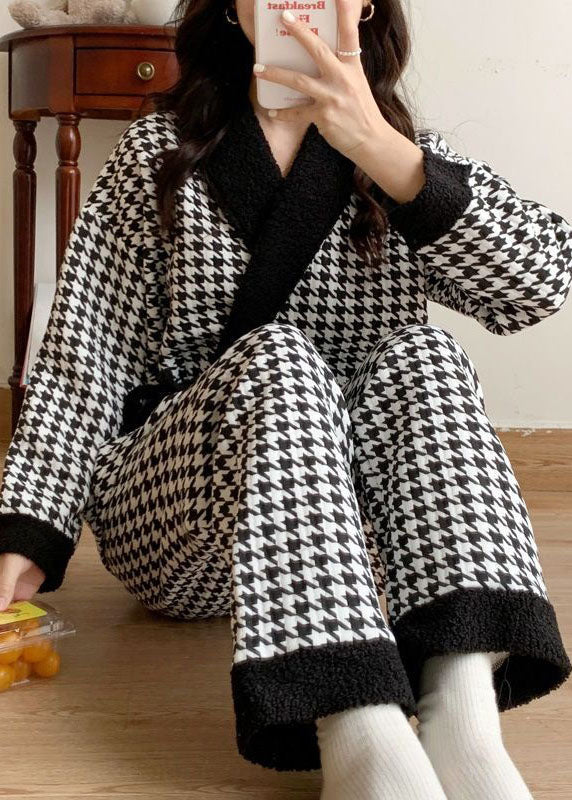 Women Black Peter Pan Collar Lace Up Cotton Pajamas Two Pieces Set Spring