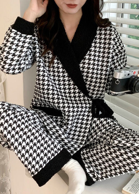 Women Black Peter Pan Collar Lace Up Cotton Pajamas Two Pieces Set Spring