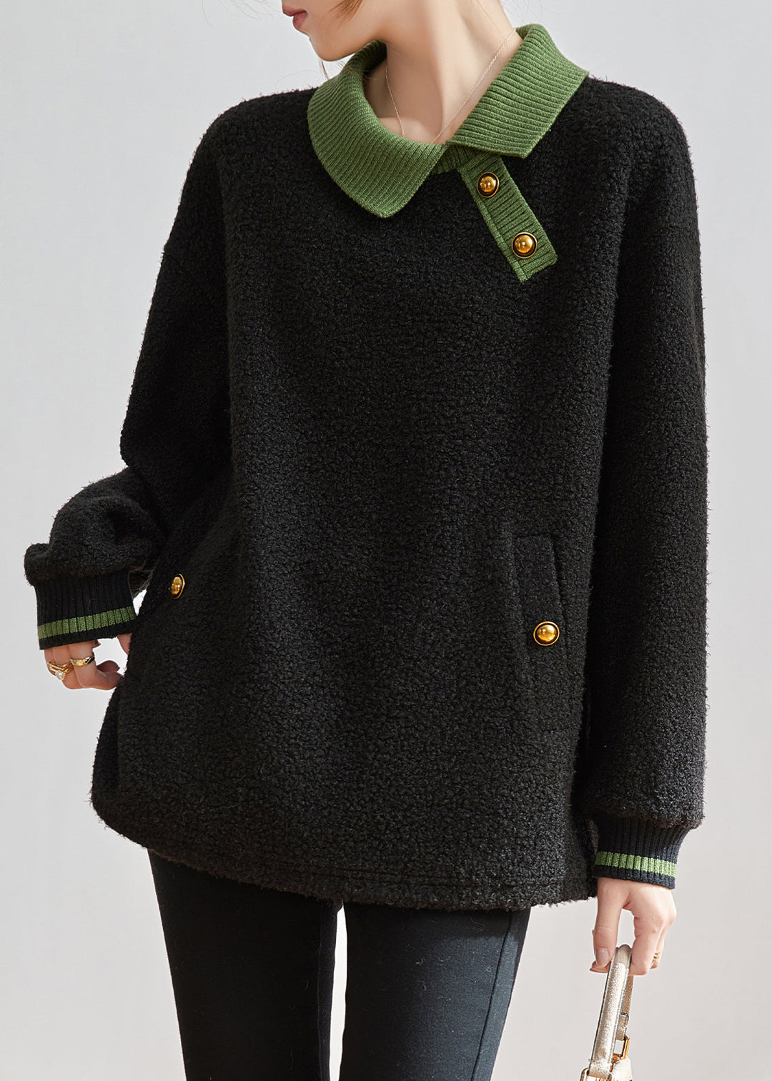 Women Black Peter Pan Collar Patchwork Teddy Faux Fur Sweatshirts Top Winter