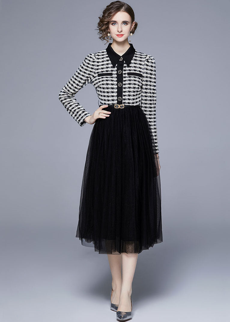 Women Black Peter Pan Collar Patchwork Tulle Cinch Dress Spring