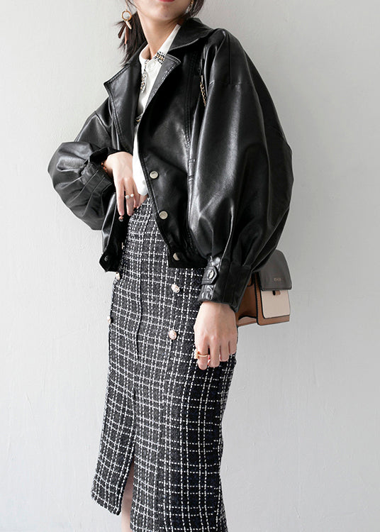 Women Black Peter Pan Collar Pockets Patchwork Faux Leather Jackets Fall