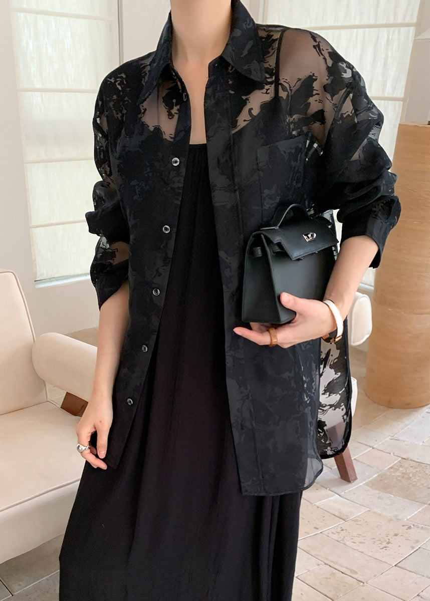 Women Black Peter Pan Collar Print Patchwork Chiffon Shirt Fall