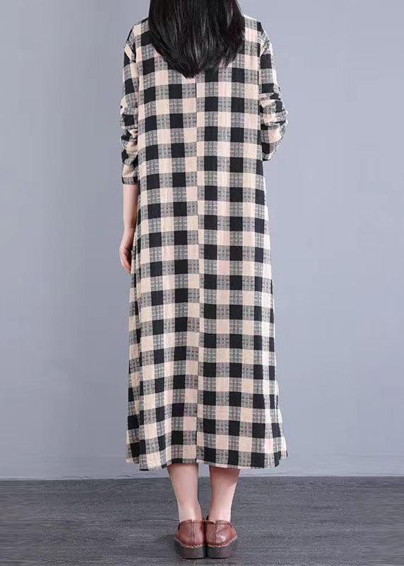 Women Black Plaid Stand Collar Patchwork Cotton Long Dresses Fall