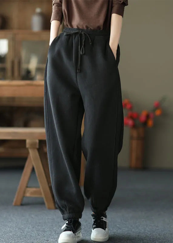Women Black Pockets Elastic Waist Warm Fleece Pants Spring