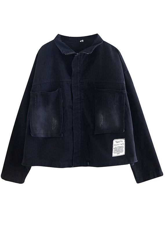 Women Black Pockets zippered drawstring Fall Denim Long sleeve Coat - Omychic