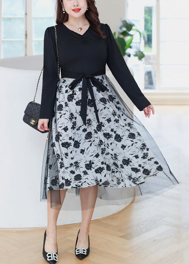 Women Black Print Lace Up Tulle Patchwork Dress Long Sleeve