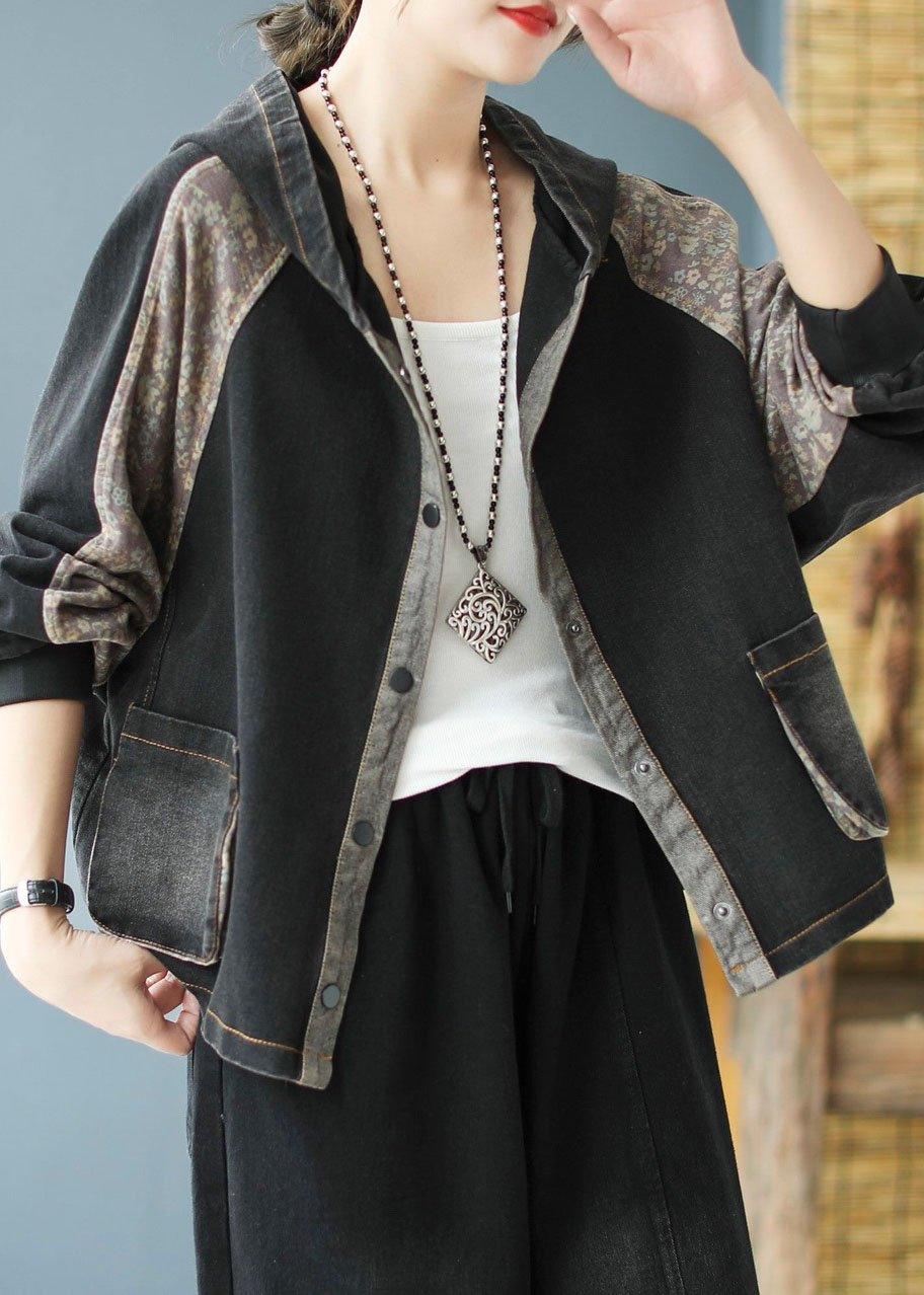 Women Black Print Patchwork Loose Fall Denim Hoodie Coat - Omychic