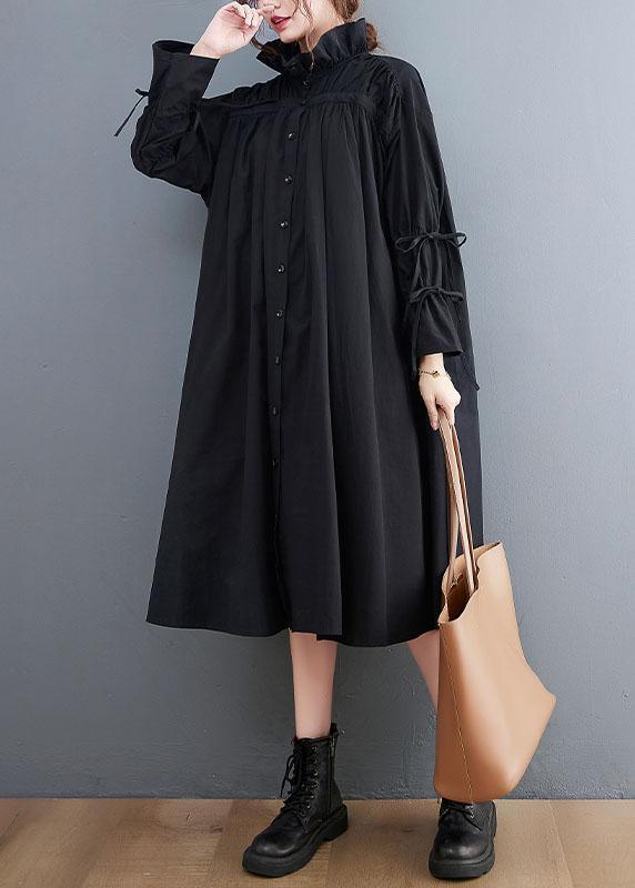 Women Black Ruffled Button Cotton Blouses Dresses Spring - Omychic
