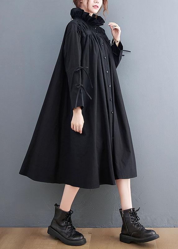 Women Black Ruffled Button Cotton Blouses Dresses Spring - Omychic