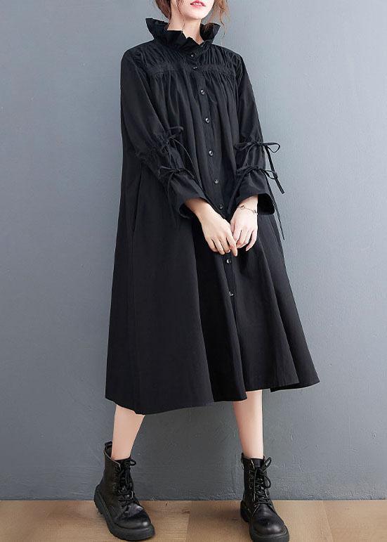 Women Black Ruffled Button Cotton Blouses Dresses Spring - Omychic