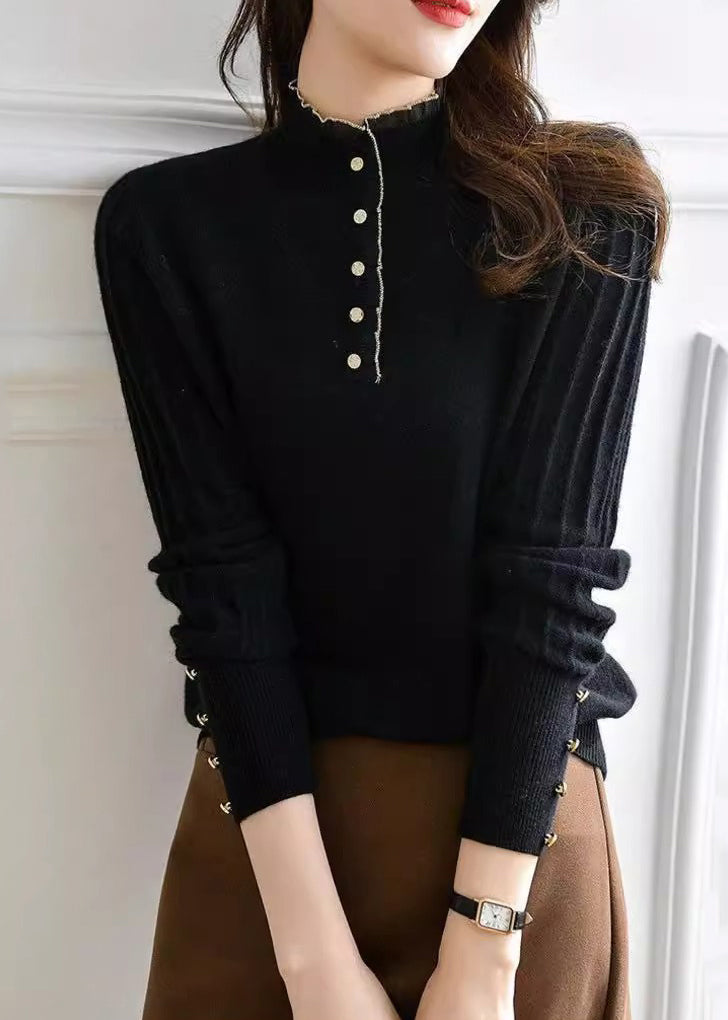 Women Black Ruffled Button Patchwork Knit Sweaters Long Sleeve