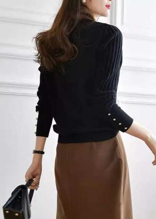 Women Black Ruffled Button Patchwork Knit Sweaters Long Sleeve