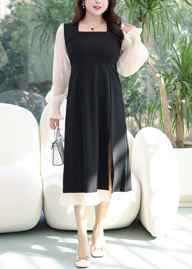 Women Black Ruffled Front Open Cotton Dresses Flare Sleeve