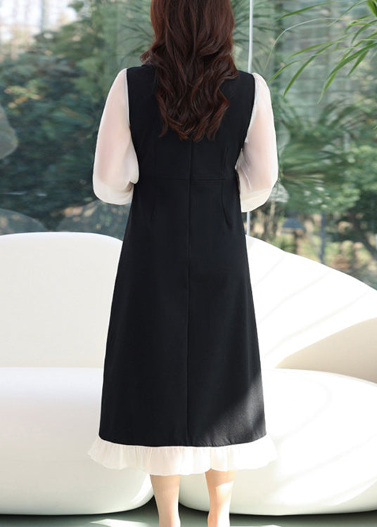 Women Black Ruffled Front Open Cotton Dresses Flare Sleeve